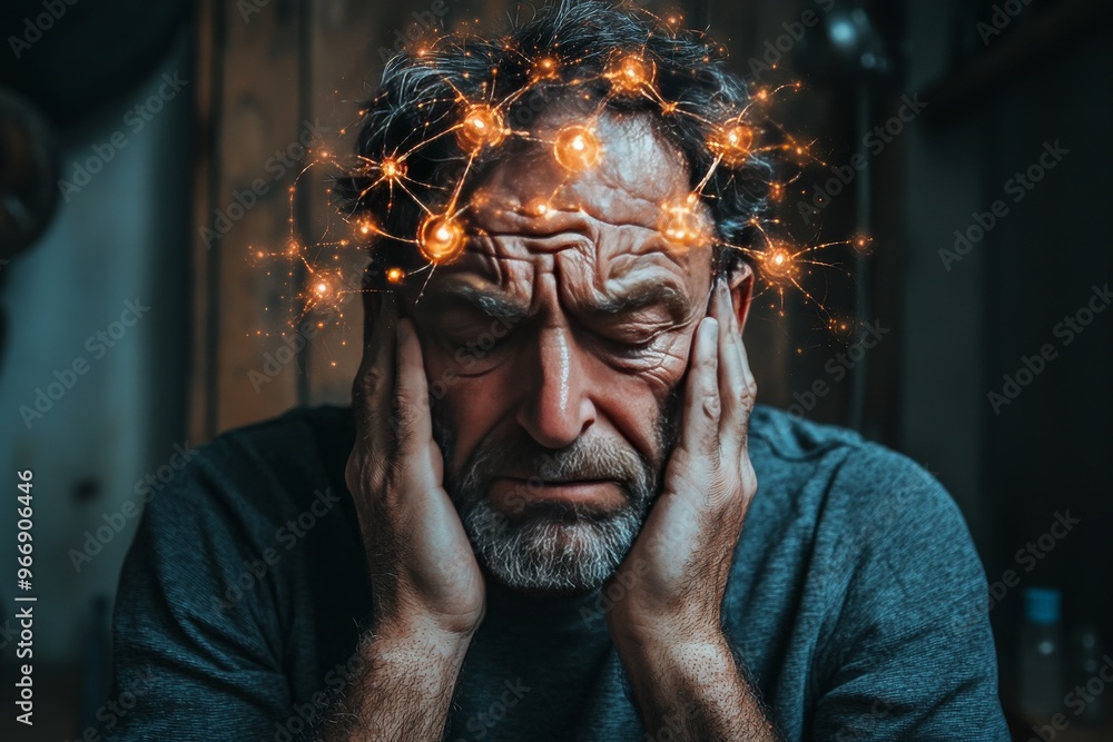 Poster circuitry interface and quantum older man deep in thought with glowing neurons above visualizing bra