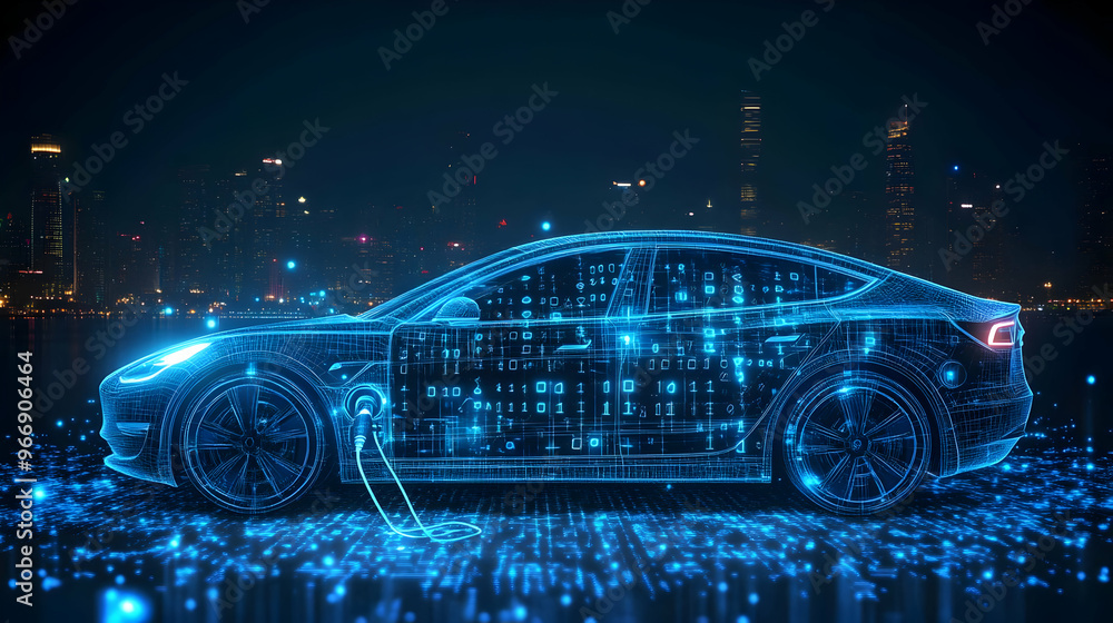 Poster a futuristic electric car visualized with digital elements and data patterns.