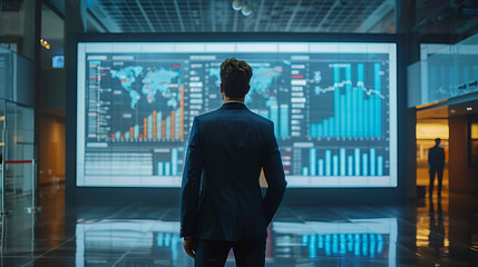 Woman using laptop, surrounded by charts and diagrams, representing digital business concept