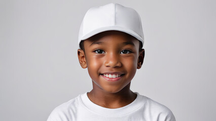 Little black boy wearing white t-shirt and white baseball cap isolated on grey background