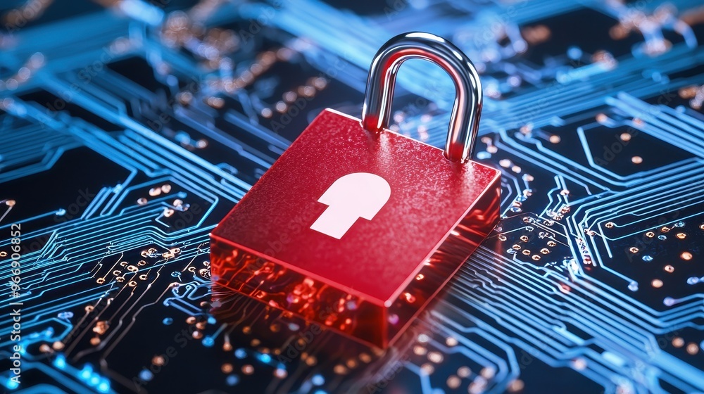 Poster red padlock on circuit board cybersecurity data security privacy protection