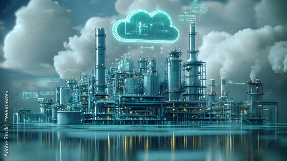Poster a futuristic industrial complex with cloud computing elements integrated into its design.