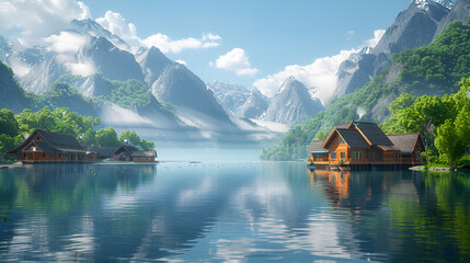 Naklejka premium Serene Mountain Lake Retreat: Wooden cabins nestled on a tranquil lake, majestic mountains reflected in the crystal-clear water. 