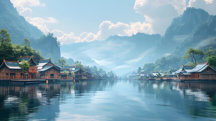 Fototapeta premium Serene Mountain Lake Village: Tranquility and serenity in a majestic mountain landscape, where traditional houses rest on stilts in a pristine lake, reflecting the mist-shrouded peaks and the boundle