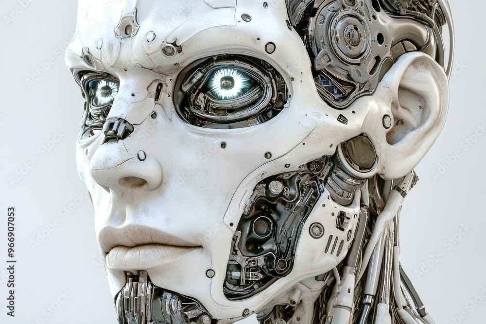 Poster transhumanism machine and interface close up of a futuristic robots face showcasing highly detailed 