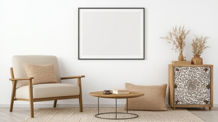 Minimalist Living Room Interior Design with Armchair  Coffee Table  and Sideboard