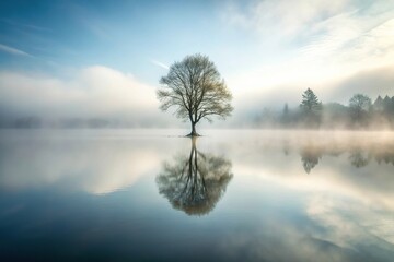 Solitary tree reflecting on misty lake with forced perspective