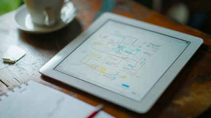 A white tablet with a drawing on it sits on a wooden table