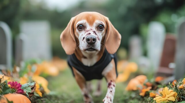 Beagle in a zombie costume walking through a haunted graveyard, zombie dog, Halloween horror pet