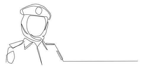 continuous line of Muslim female police.drawing of one line of female police in Arabia,Dubay, an Islamic based country.single line vector illustration.minimalist line.eps 10