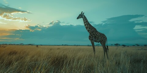 Obraz premium A tranquil setting featuring a giraffe amidst nature.