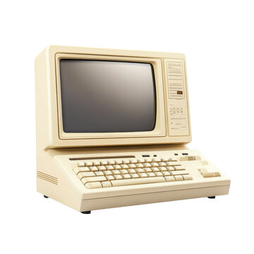 Front view of vintage beige retro computer with CRT monitor and classic keyboard. Retro style personal computer isolated on white background Nostalgia concept for early computer technology