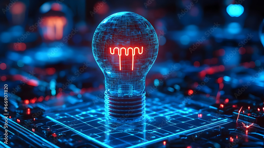 Poster a futuristic light bulb design with neon elements on a digital circuit background.