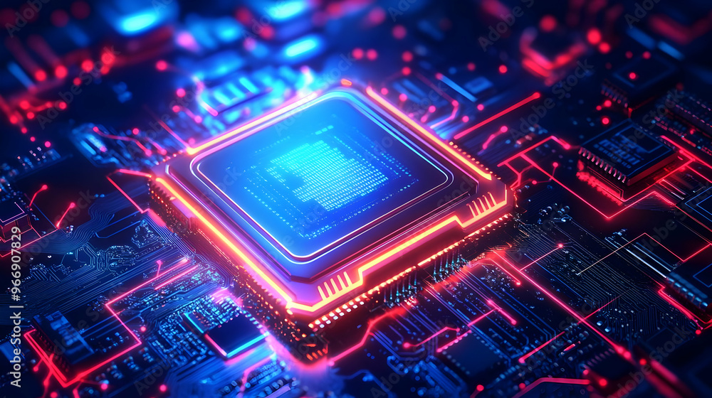 Poster a futuristic microchip surrounded by intricate circuitry, showcasing technology and innovation.