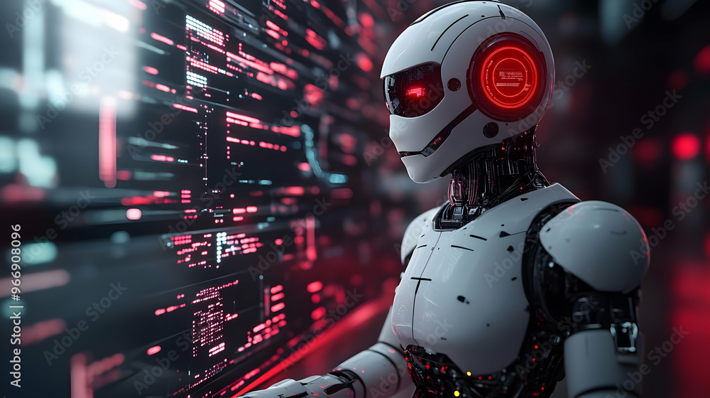Poster a futuristic robot with a glowing head in a digital environment.