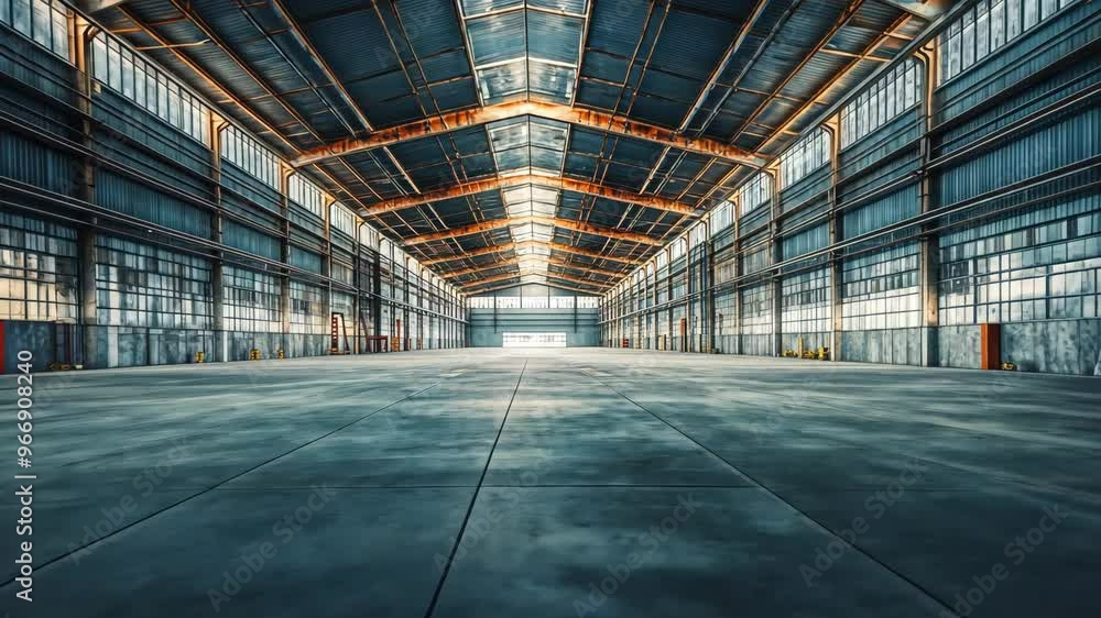 Poster exploring an abandoned warehouse with expansive empty space and industrial architecture in the heart