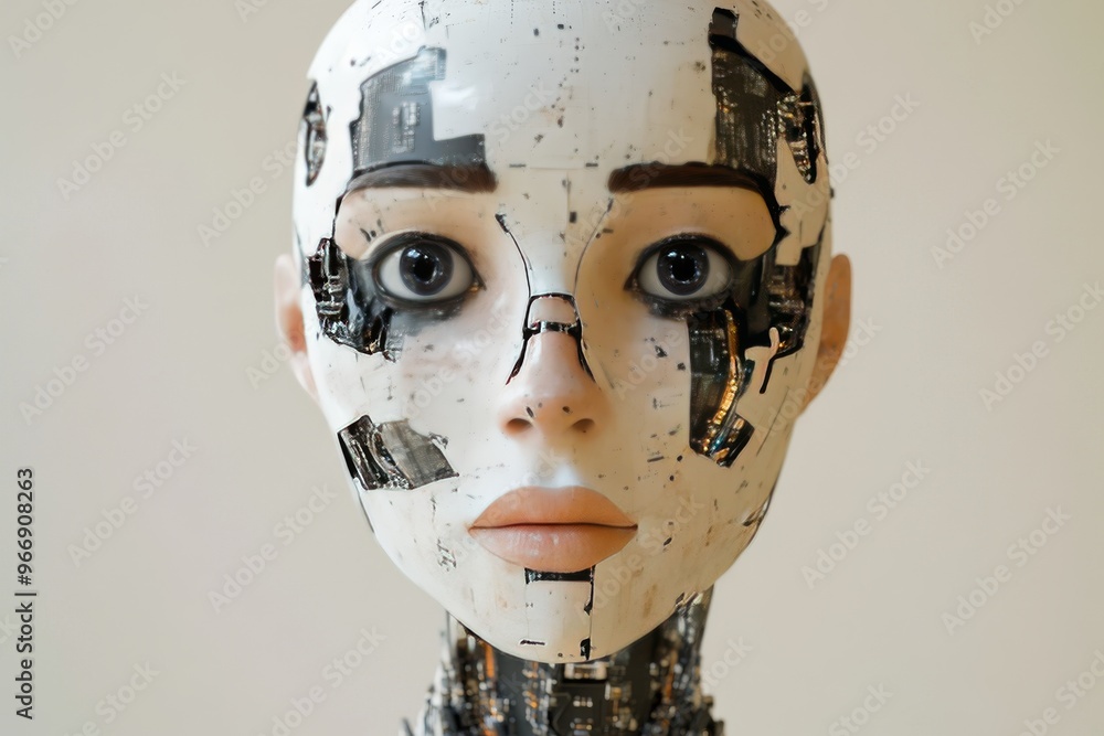 Poster robot ethereal and digital stylized female humanoid robot face featuring abstract digital patterns a