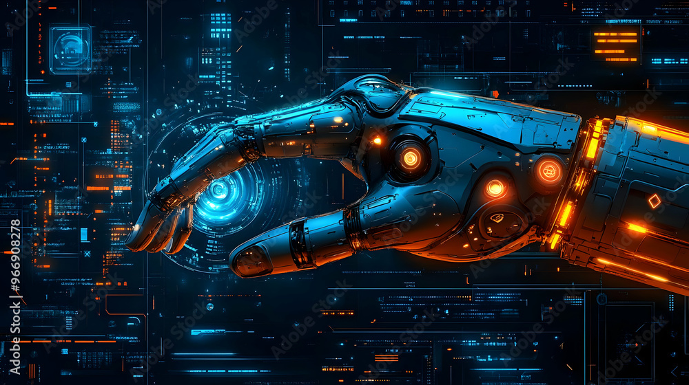 Poster a futuristic robotic hand reaching towards a glowing orb in a high-tech digital environment.