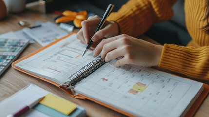 A woman is writing in a planner with a pen