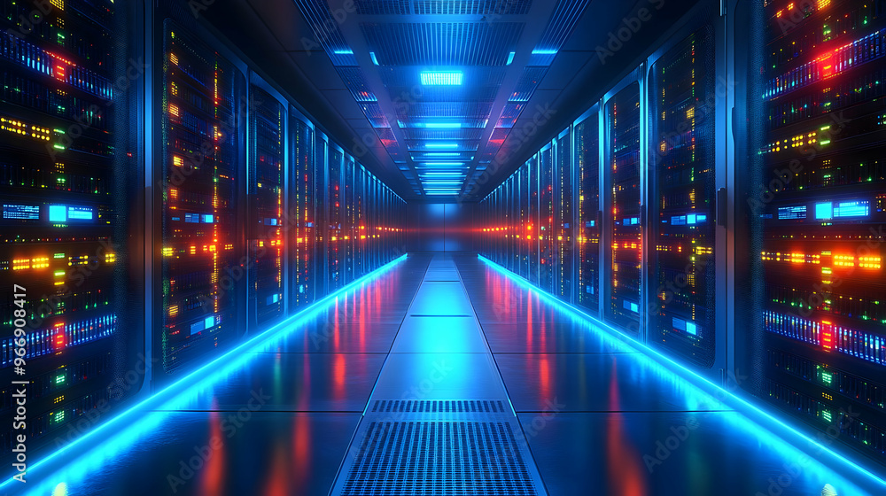 Poster a futuristic server room with glowing lights and rows of data storage units.