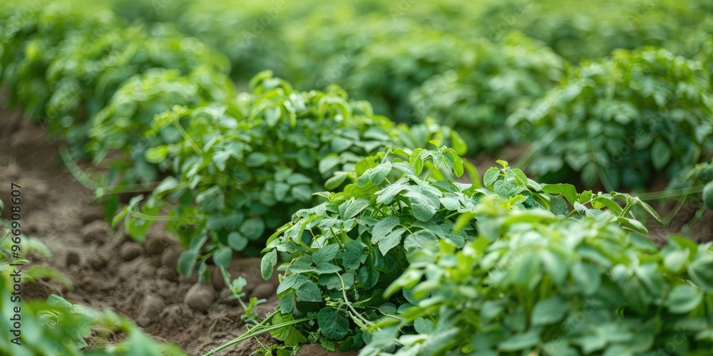 Sticker Agricultural field with flourishing green potato plants yielding a bountiful harvest of fresh potatoes