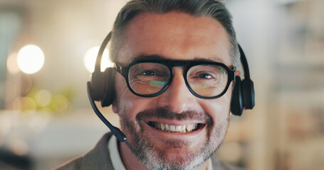 Customer support, call center and portrait of mature man for online sales, communication and help. Office, night and happy person with headset for contact, crm service and consulting in Netherlands