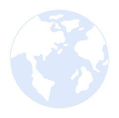 The image shows a minimalist blue and white representation of Earth, highlighting the continents and the ocean. Themes include Earth, geography, environment, simplicity, and global representation.