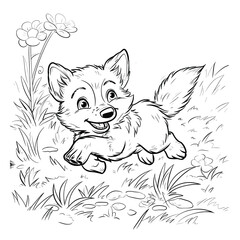 Fototapeta premium A young wolf pup frolicking in a meadow, coloring page for kids, simple, black & white line art, Sweet little puppy coloring book pages. A drawing of a cute wolf with a collar.