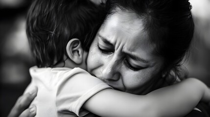Fototapeta premium Mother and child sharing a genuine, tearful embrace - Human Connection