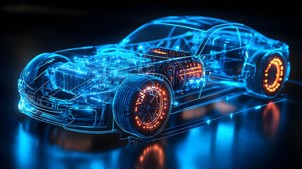 Naklejka premium A futuristic, transparent car model showcasing intricate electronic components and glowing elements.