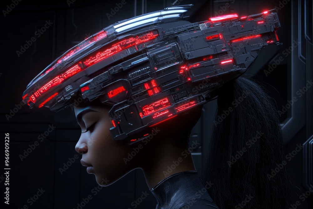 Poster intelligence emotional and algorithm futuristic woman in a cyber helmet with digital lights represen