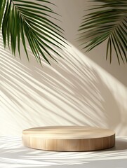Minimal natural wood podium with green palm leaf with sunlight background. Minimal wooden stand for branding and packaging presentation - ai