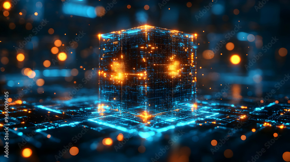 Poster a glowing blue and orange cube surrounded by a digital network of lights and patterns.