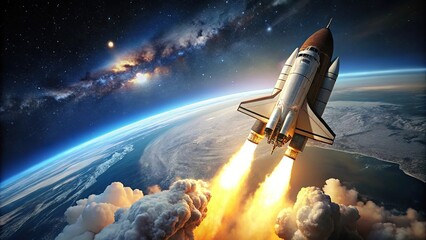 Space shuttle launching into space with Earth in background, viewed from below