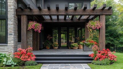 Obraz premium Beautiful covered patio with hanging flower baskets decorating a white brick house