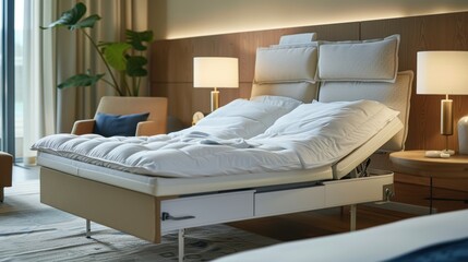Adjustable Bed: A bed that offers adjustable height and incline for tailored comfort and easier access, commonly including side rails for extra security.
