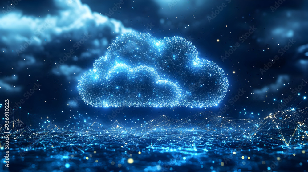 Poster a glowing digital cloud symbolizing data storage and connectivity in a futuristic setting.