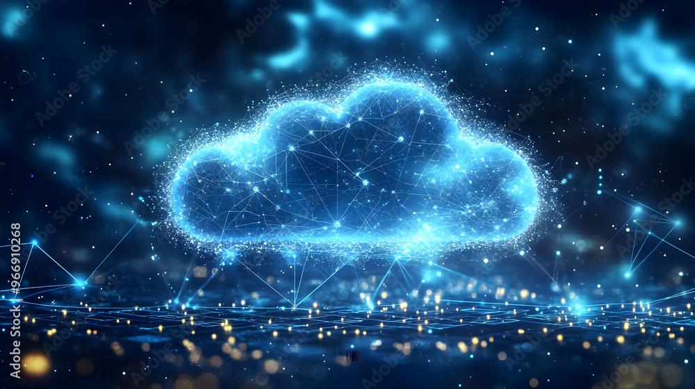 Poster a glowing digital cloud symbolizing data storage and connectivity.