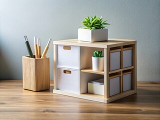 A minimalist desk mockup of a cube-shaped desktop organizer with compartments and a label tag, placed on a wooden table with a subtle gradient background