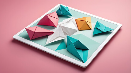origami tablet, folded edges, paper technology, geometric shapes, modern tech, tech design, paper craft, tablet illustration, soft background, creative tech, folded tablet, paper texture, innovative d