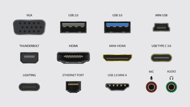Connectors and Ports: HDMI, Mini HDMI, VGA, USB 2.0/3.0, USB Type-C, Lightning, Thunderbolt, Ethernet, Microphone and Audio Plugs for Computers and Mobile Devices