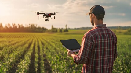 Precision Agriculture - Farmer using drone technology to analyze crop health for sustainable farming practices 