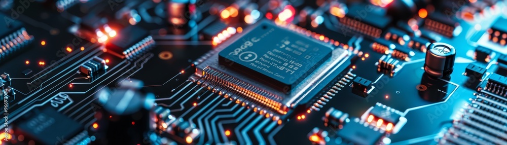 Poster close up of circuit board with processor chip and leds