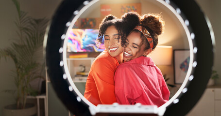 Happy women, influencer and hug with ring light for video recording, vlogging or content creation...