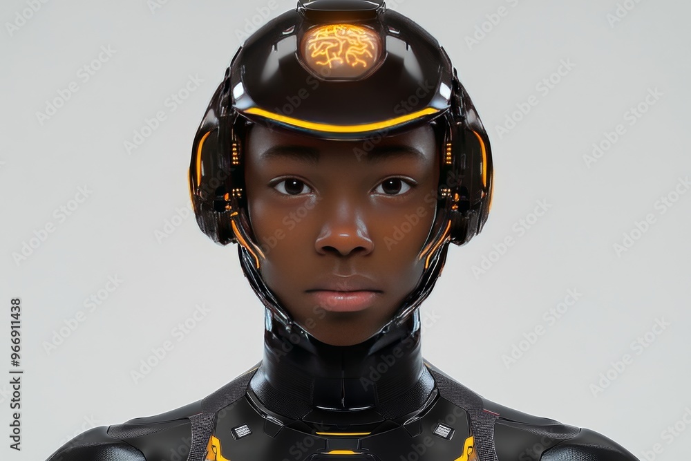 Poster interface transhuman and processing female cyborg with exposed neural circuitry symbolizing brain au