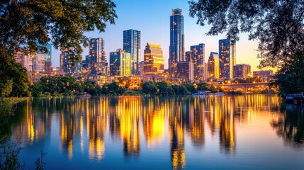 Fototapeta premium Cityscape Reflection in Water at Sunset