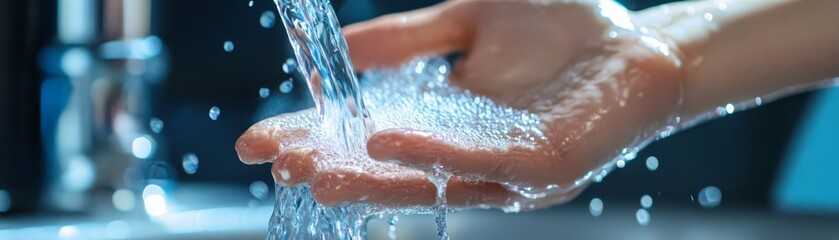 Fototapeta premium Water Flowing Over Hand Close Up Splashing Cleanliness