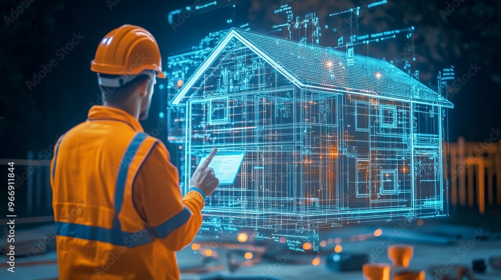 Poster construction worker using augmented reality to view building plans