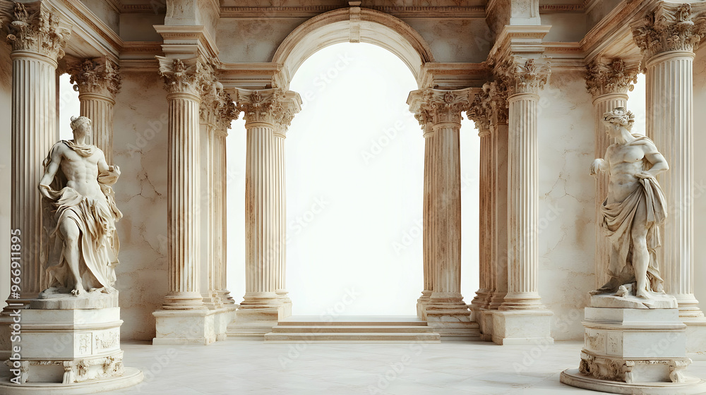 Poster a grand architectural space featuring classical columns and statues.