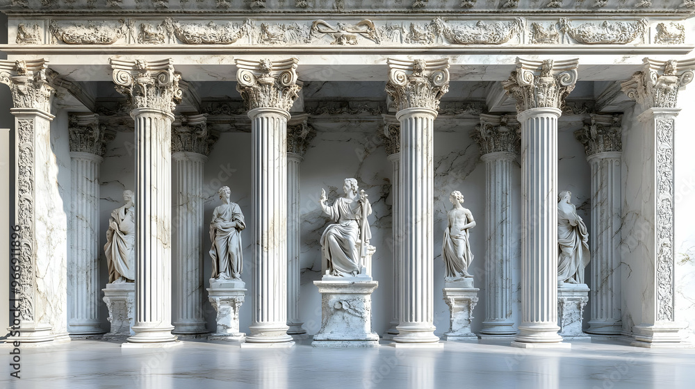 Poster a grand hall featuring classical columns and marble statues, showcasing artistic architecture.